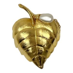 Vintage Avon Gold Tone Faux Pearl Leaf Brooch Solid Perfume Locket